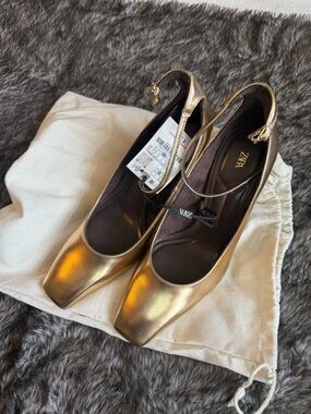 Zara Gold Metallic Square-Toe Ankle-Strap Heels